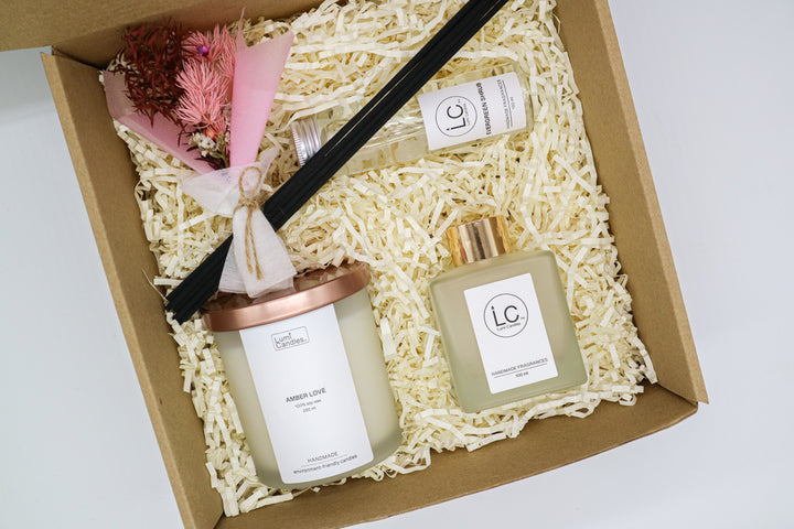 Amber Love LUMI scented candle at 250 ML with 100ml Reed Diffuser and dried flowers by LUMI Candles PH