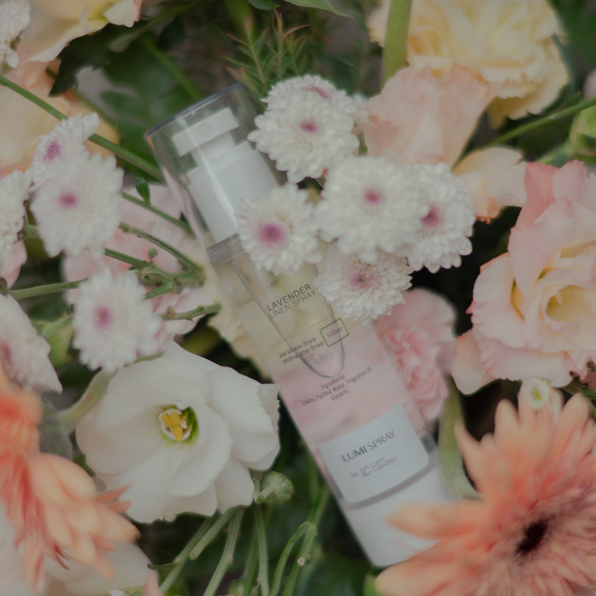 LUMI product surrounded by a bouquet of flowers
