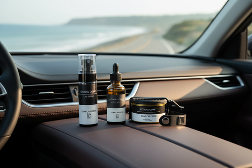 Citadel Coast complete car air care line by LUMI — vent holder, refill, and car spray