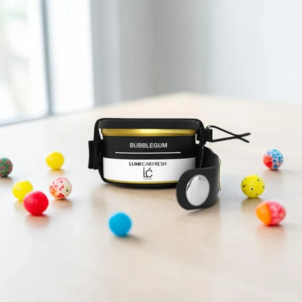 Stylized scent depiction of Bubble Gum notes for the LUMI Car Freshener with Holder