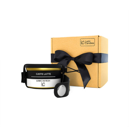 Caffe Latte LUMI Car Freshener with Holder shown in its retail packaging