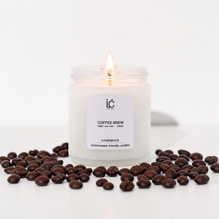 Coffee Brew Scented Soy Candle (100ml) lit with a glowing flame