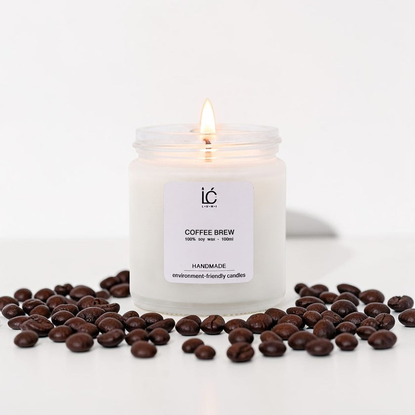 Coffee Brew Scented Soy Candle (100ml) lit with a glowing flame
