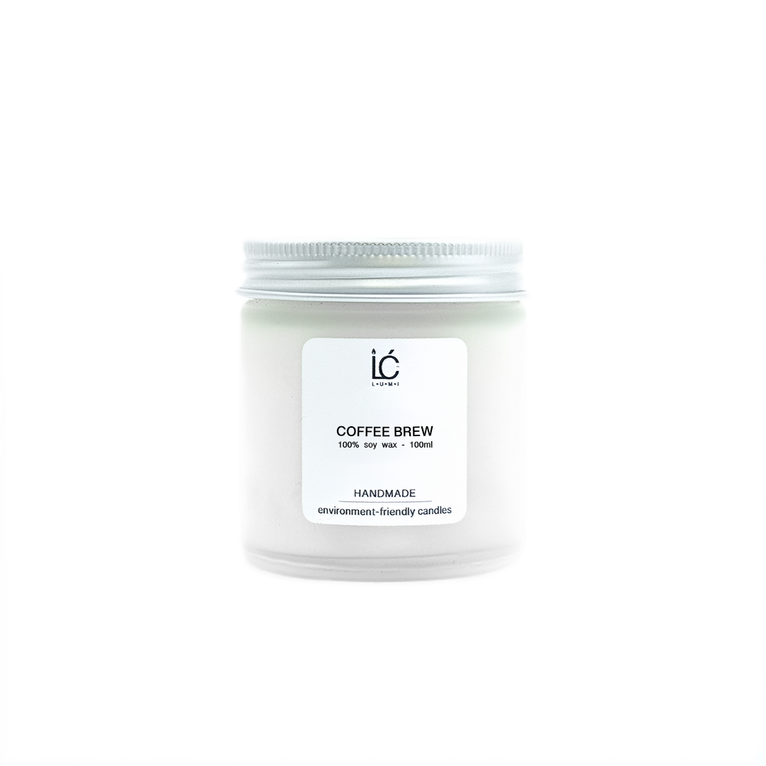 Coffee Brew Scented Soy Candle (100ml) in its frosted glass jar with the lid on