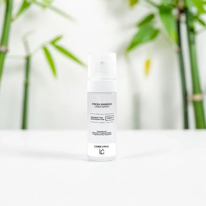 Fresh Bamboo LUMI Room and Linen Spray (100ml) bottle styled with a decorative background