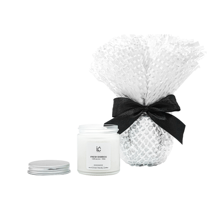 Fresh Bamboo Scented Soy Candle (100ml) wrapped in eco-friendly Geami paper with a black ribbon