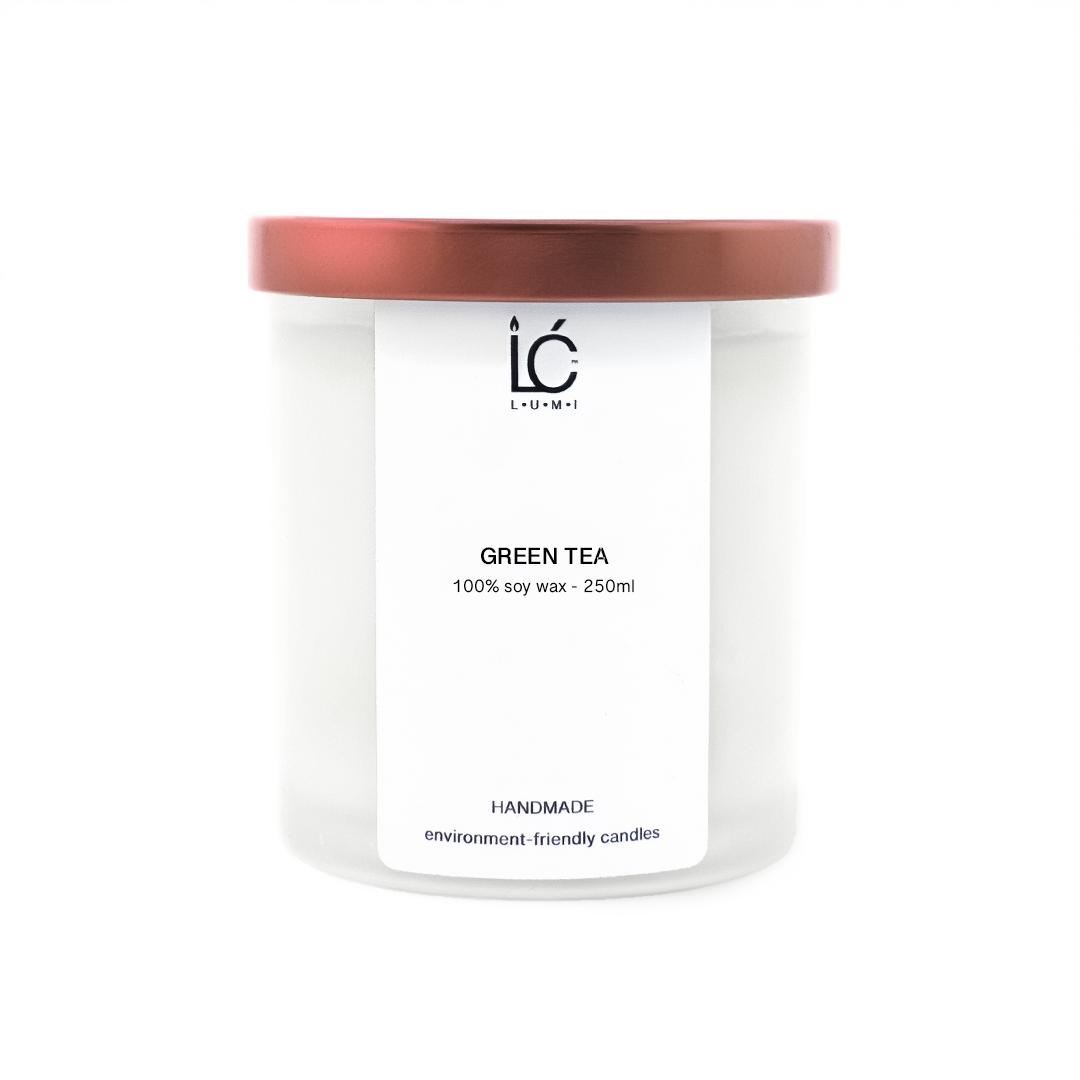 Closed Green Tea Scented Soy Candle jar with rose gold lid on a white background, label reading Green Tea 100% soy wax 250ml, handmade environment-friendly candles
