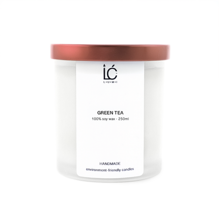 Closed Green Tea Scented Soy Candle jar with rose gold lid on a white background, label reading Green Tea 100% soy wax 250ml, handmade environment-friendly candles