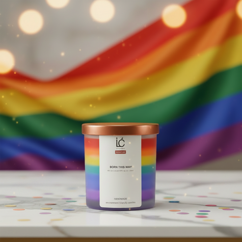 Rainbow soy candle with 'Born This Way' label, handmade & eco-friendly, set against Pride flag backdrop with confetti.