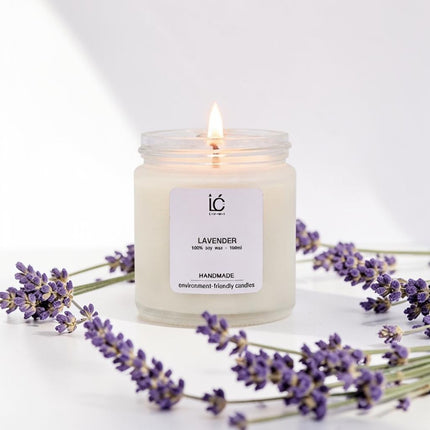 Lavender Scented Soy Candle (100ml) lit with a glowing flame