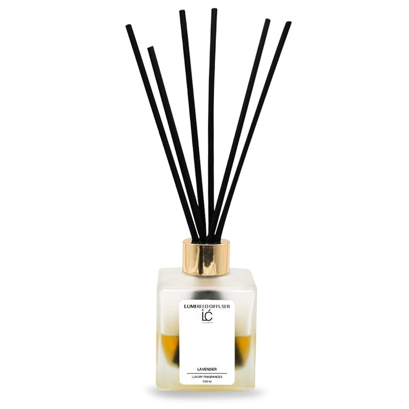 Lavender LUMI Reed Diffuser bottle with reed sticks on a white background