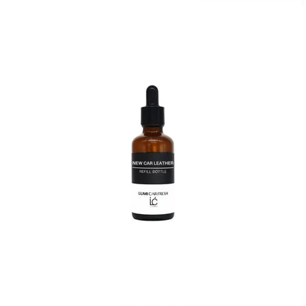 New Car Leather LUMI Car Freshener Refill oil bottle, capped, product shot on a plain background