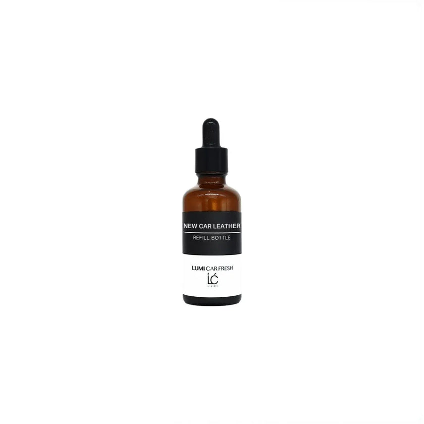 New Car Leather LUMI Car Freshener Refill oil bottle, capped, product shot on a plain background