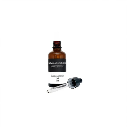 New Car Leather LUMI Car Freshener Refill bottle with the dropper applicator, showing how the oil is applied to the car freshener pad
