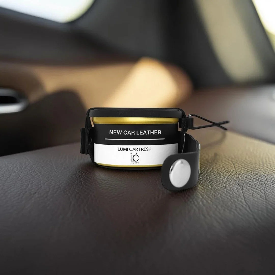 Stylized scent depiction of New Car Leather notes for the LUMI Car Freshener with Holder