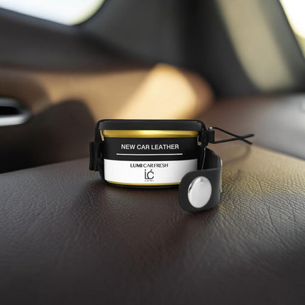 Stylized scent depiction of New Car Leather notes for the LUMI Car Freshener with Holder