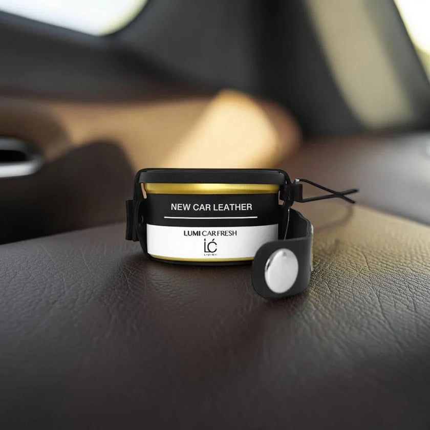 Stylized scent depiction of New Car Leather notes for the LUMI Car Freshener with Holder