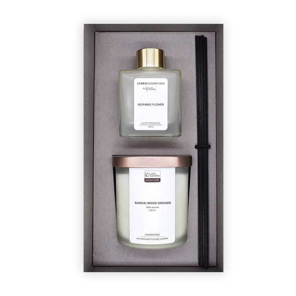 LUMI reed diffuser and 250ml scented soy candle gift box with ribbon