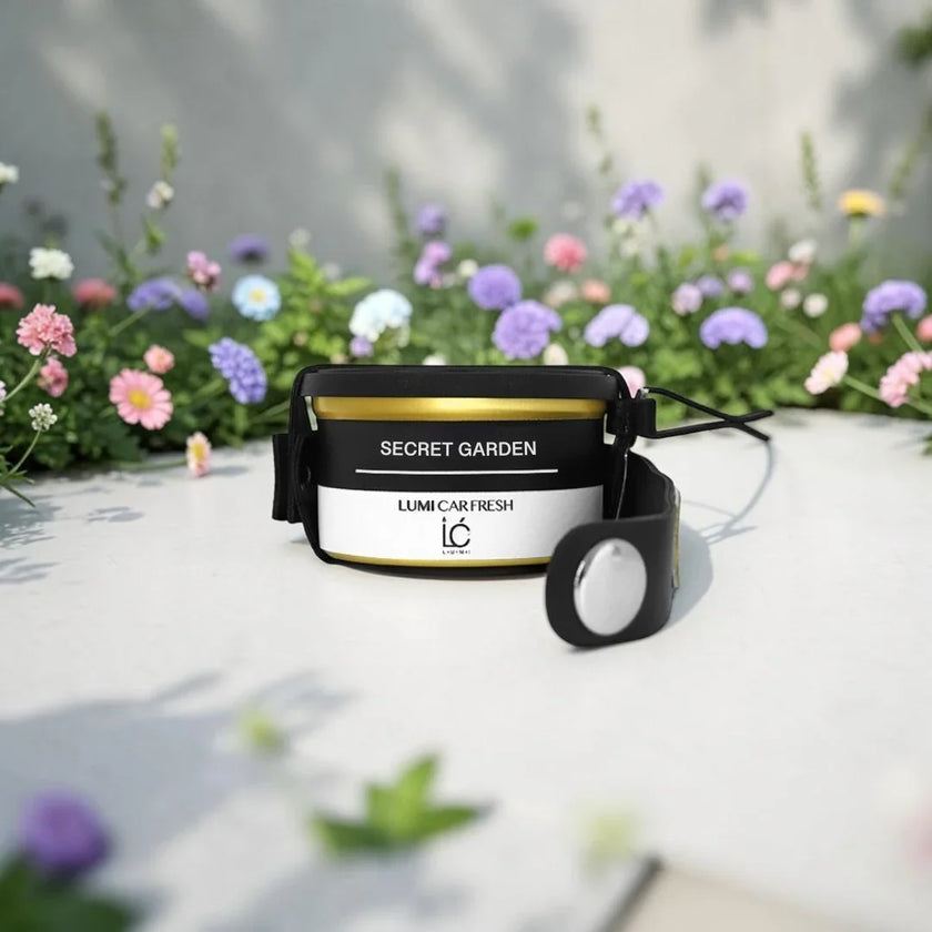 Stylized scent depiction of Secret Garden notes for the LUMI Car Freshener with Holder
