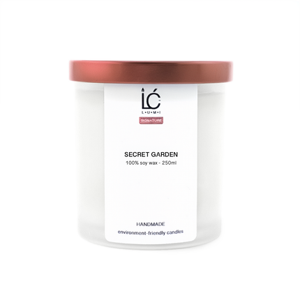 Closed Secret Garden Scented Soy Candle jar with rose gold lid on a white background, label reading Secret Garden 100% soy wax 250ml, handmade environment-friendly candles