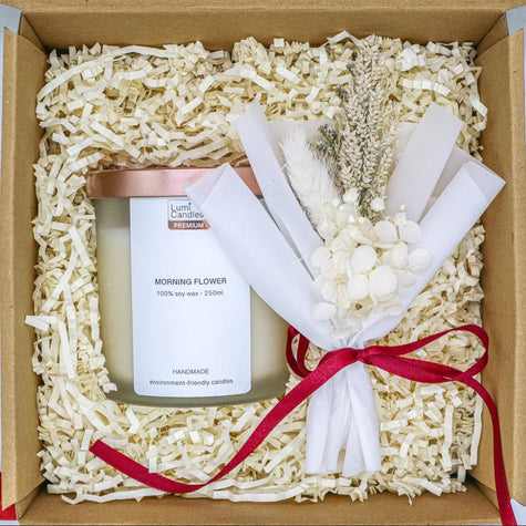 Hearth and Bloom flower box with LUMI scented soy candle and kraft packaging