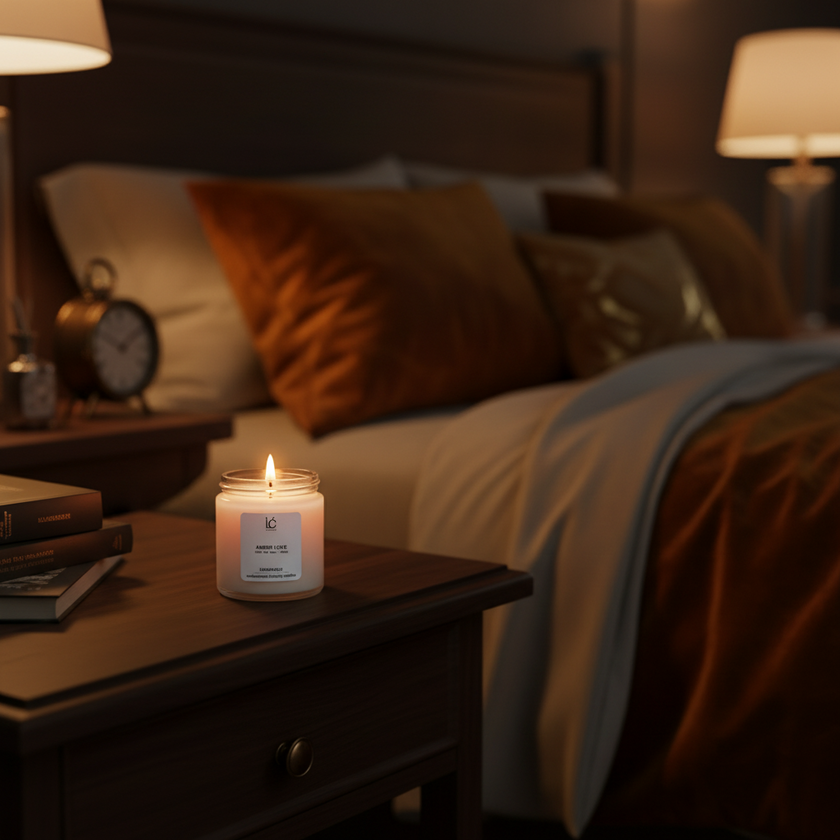 Amber Love Scented Soy Candle (100ml) styled in a home lifestyle setting