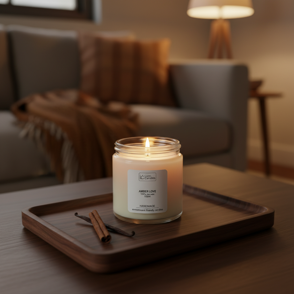 Amber Love scented soy candle by Lumi Candles PH on a dark walnut tray with dried vanilla pod and cinnamon stick in warm amber candlelight.