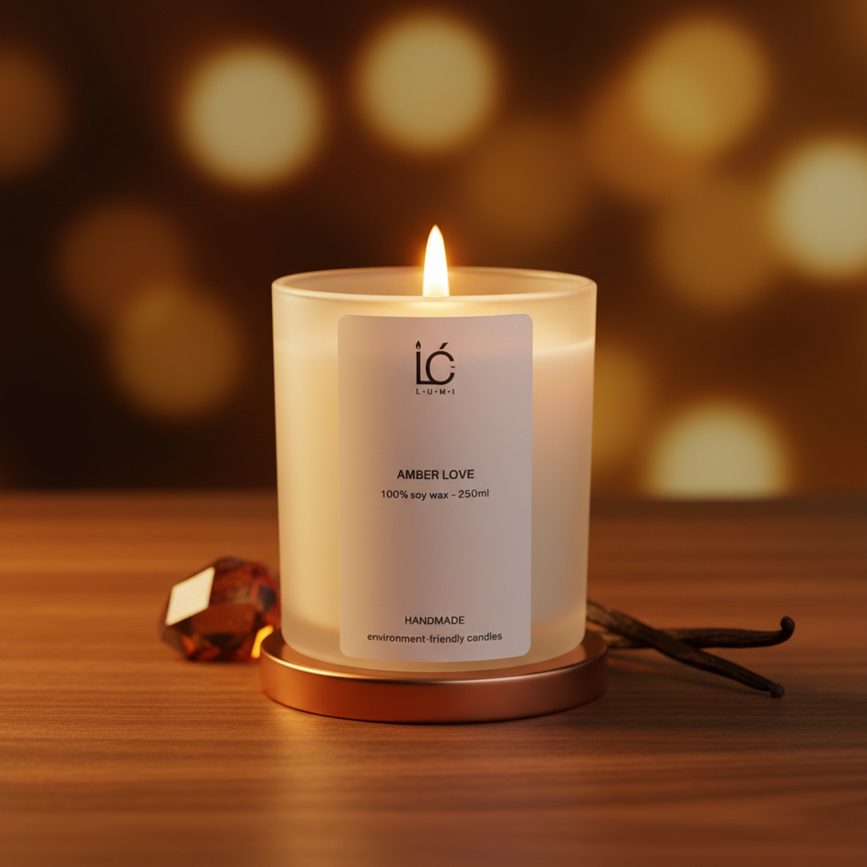 Amber Love Scented Soy Candle lit in a frosted glass jar with amber stone and vanilla pods beside it, warm bokeh lights in the background