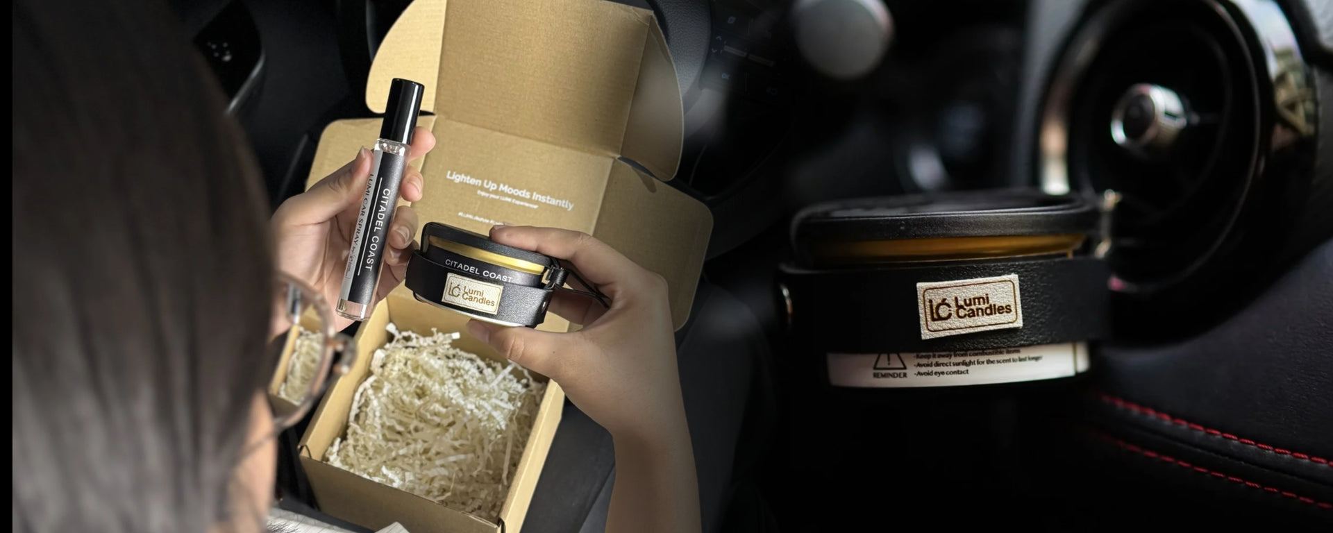 Lumi Car Freshener with Holder and Car Spray Bundle in Citadel Coast scent.