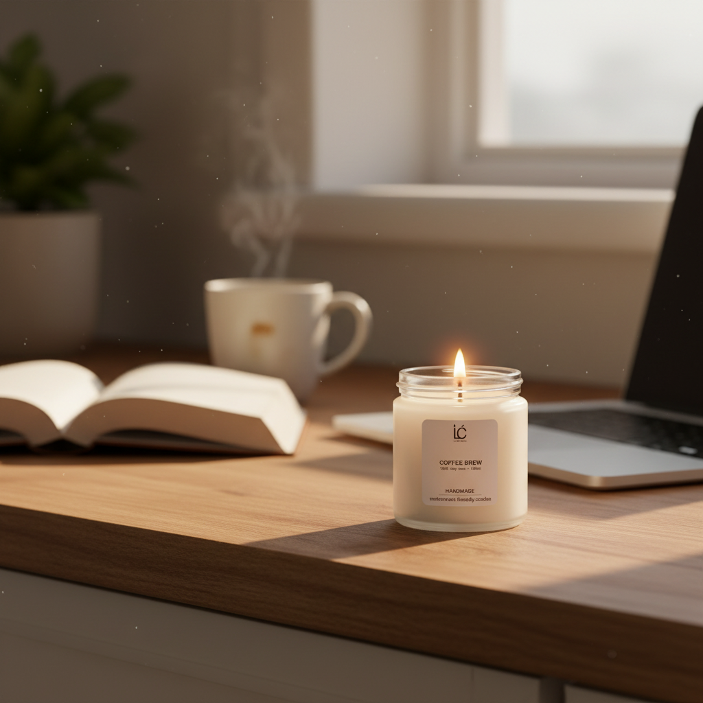 Coffee Brew Scented Soy Candle (100ml) styled in a home lifestyle setting