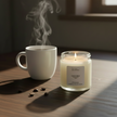 Coffee Brew scented soy candle by Lumi Candles PH lit on a dark espresso wooden desk beside a steaming ceramic mug and scattered coffee beans.