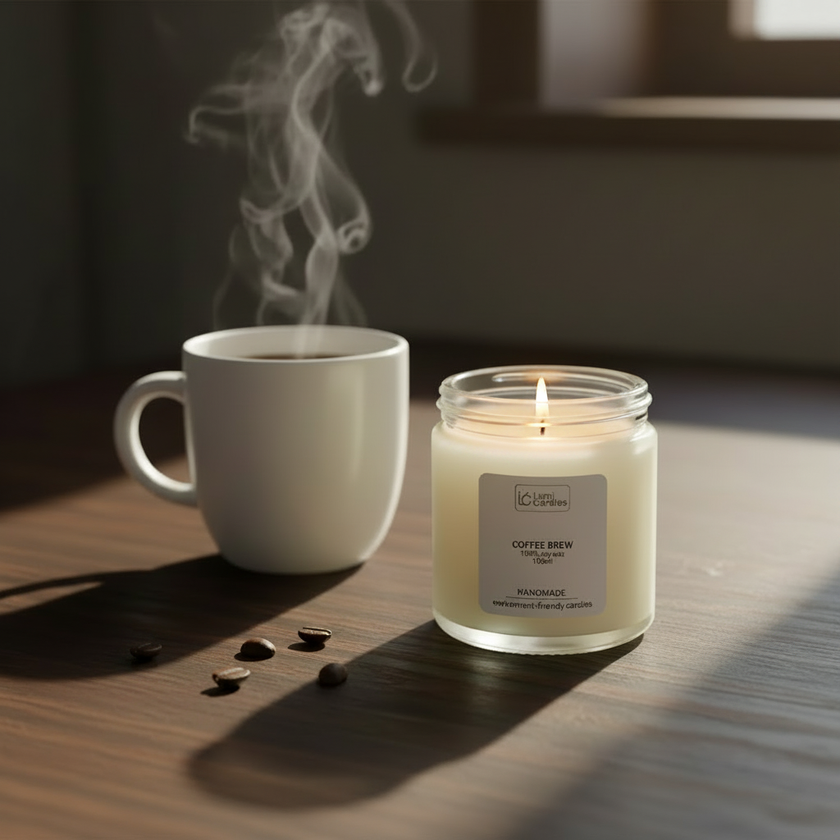 Coffee Brew scented soy candle by Lumi Candles PH lit on a dark espresso wooden desk beside a steaming ceramic mug and scattered coffee beans.