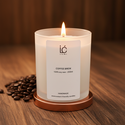 Coffee Brew Scented Soy Candle lit on a wooden table with scattered coffee beans