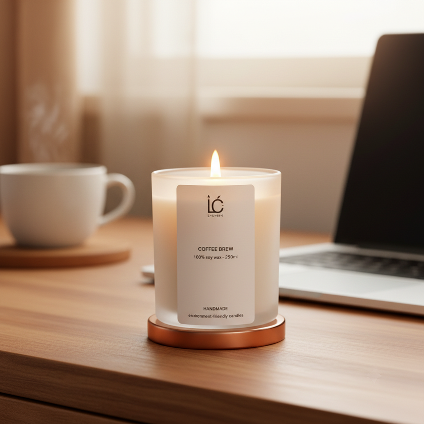Coffee Brew Scented Soy Candle lit on a work-from-home desk beside a coffee cup and laptop