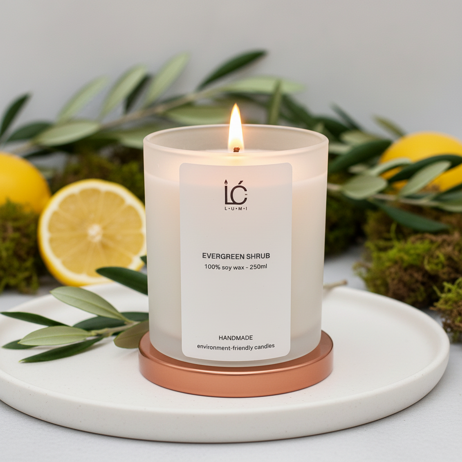 Lit Evergreen Shrub Scented Soy Candle (250ml) in a frosted glass jar with rose gold lid, flame glowing