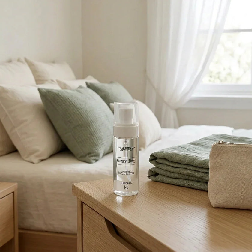 Fresh Bamboo LUMI Room and Linen Spray (50ml) bottle styled on a nightstand with folded sage-green linen and a small pouch