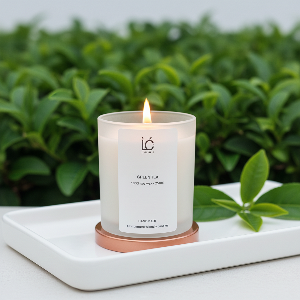 Lit Green Tea Scented Soy Candle in a frosted glass jar with rose gold base, set against a lush green tea leaf backdrop with a fresh sprig alongside