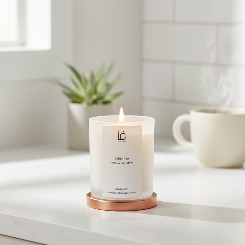 Lit Green Tea Scented Soy Candle with rose gold base on a white marble countertop, beside a steaming mug and small potted plant near a window