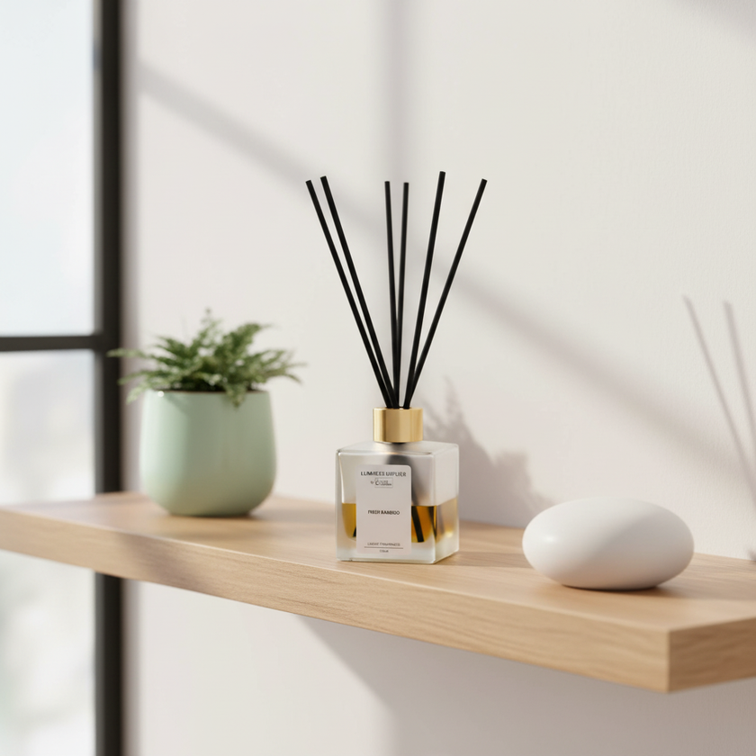 Fresh Bamboo LUMI Reed Diffuser by Lumi Candles PH on a light oak shelf beside a small potted green plant and a white ceramic object in soft natural light