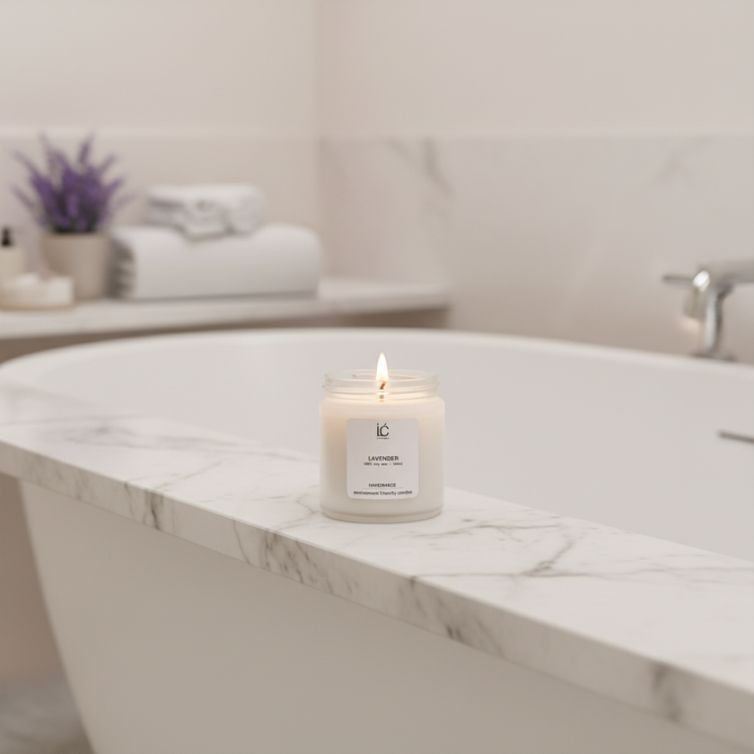 Lavender Scented Soy Candle (100ml) styled in a home lifestyle setting