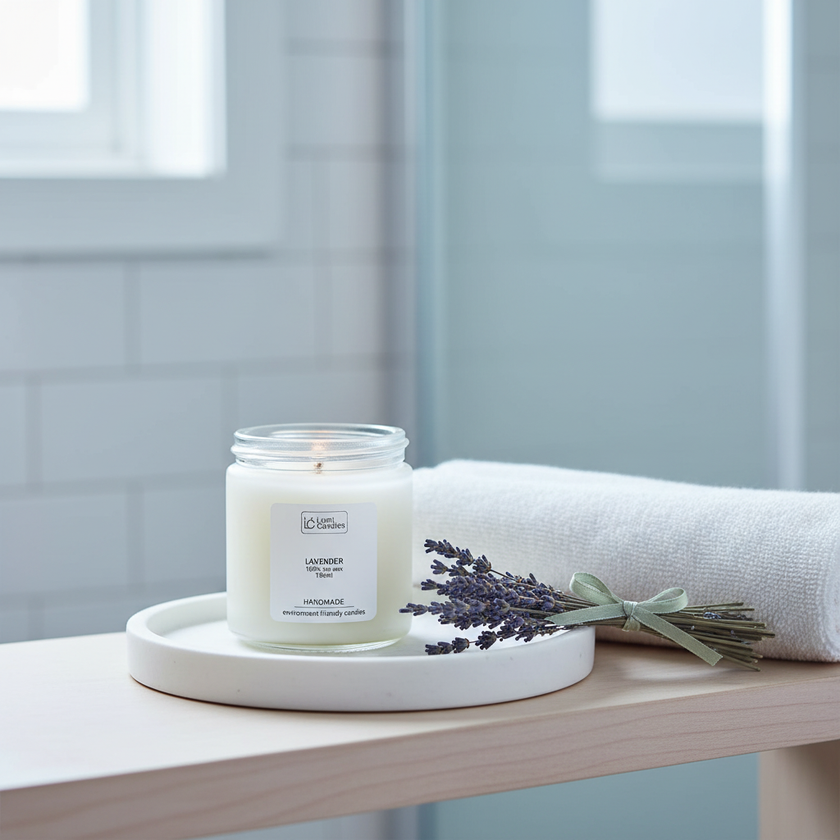 Lavender scented soy candle by Lumi Candles PH on a white ceramic tray beside a folded towel and dried lavender sprigs in a clean spa-like bathroom setting.