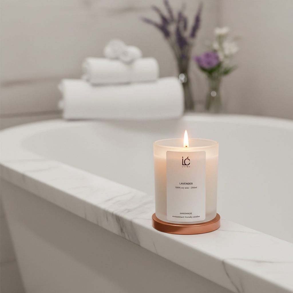 Lit Lavender Scented Soy Candle placed on a marble bathtub ledge with rolled white towels and lavender flowers, spa-style relaxation scene