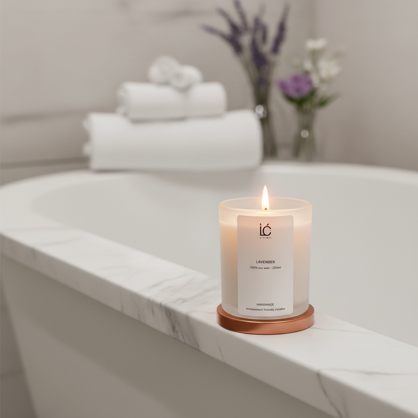 Lit Lavender Scented Soy Candle placed on a marble bathtub ledge with rolled white towels and lavender flowers, spa-style relaxation scene