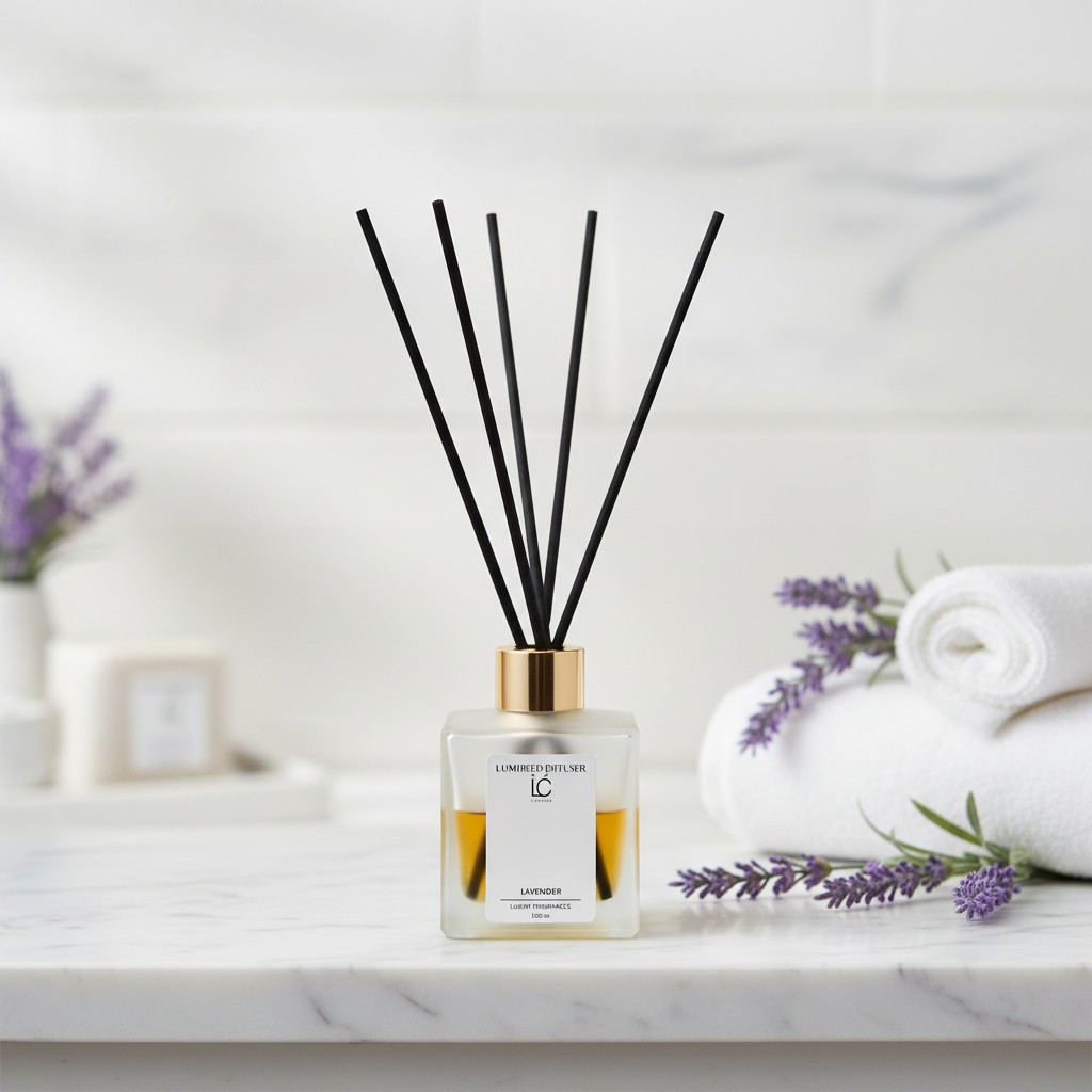 Lavender LUMI Reed Diffuser styled in a home lifestyle setting