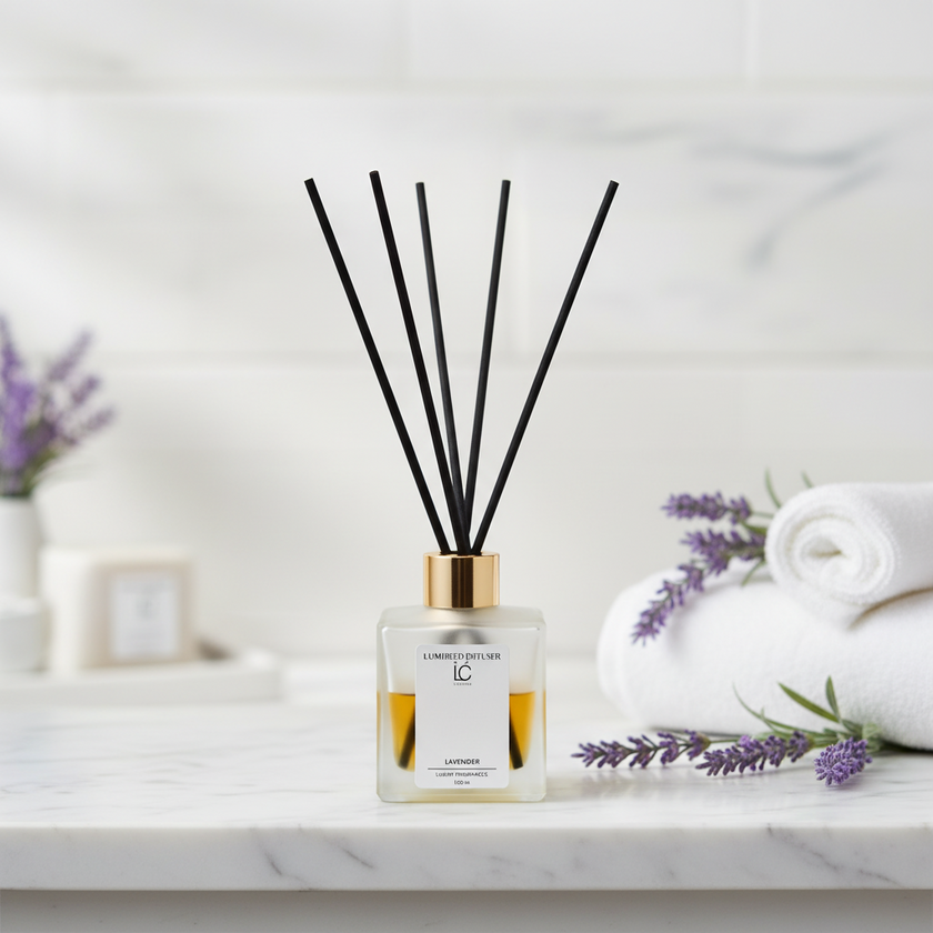 Lavender LUMI Reed Diffuser styled in a home lifestyle setting