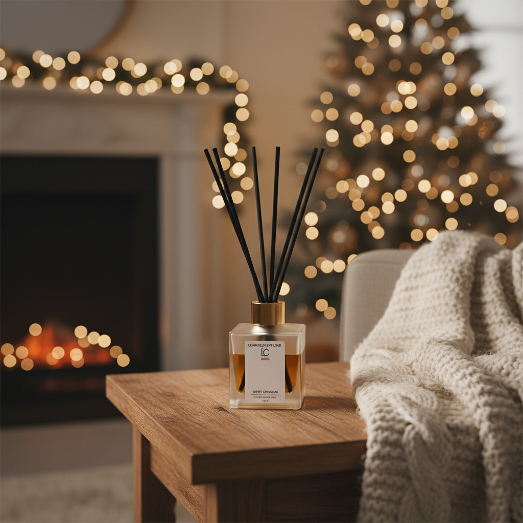 Merry Cinnamon LUMI Reed Diffuser styled in a home lifestyle setting
