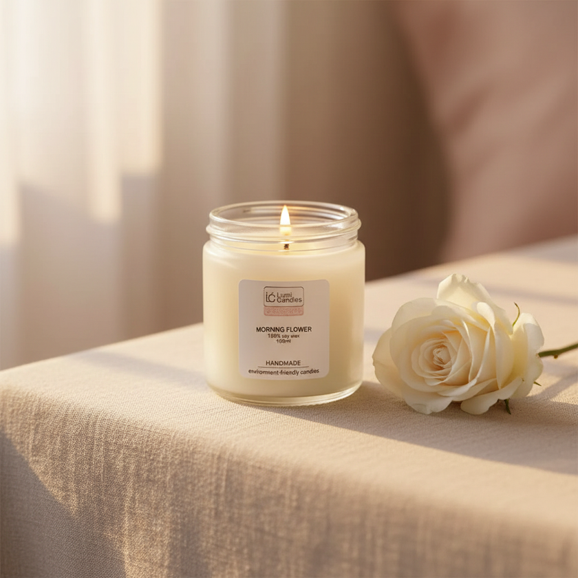 Lit soy candle with white rose, handmade luxury fragrance for home ambiance