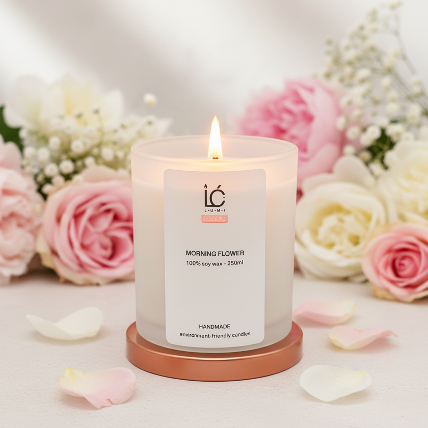 Lit Morning Flower 250ml scented soy candle by LUMI surrounded by pink and white rose petals