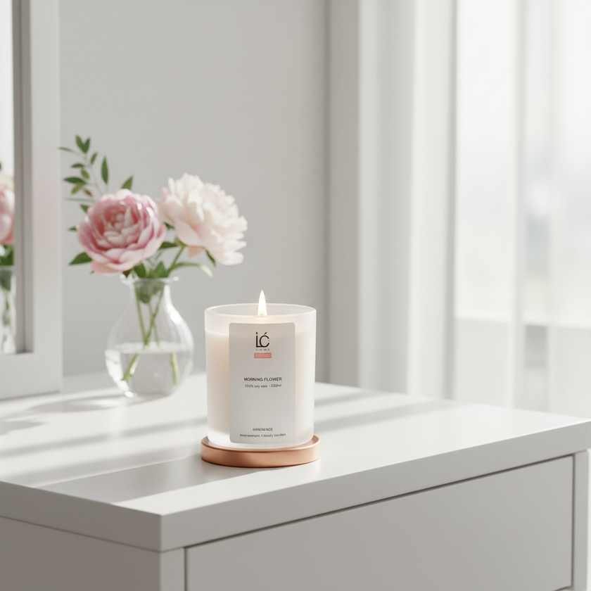 Lit Morning Flower 250ml scented soy candle by LUMI on a bright bedroom dresser beside pink peonies