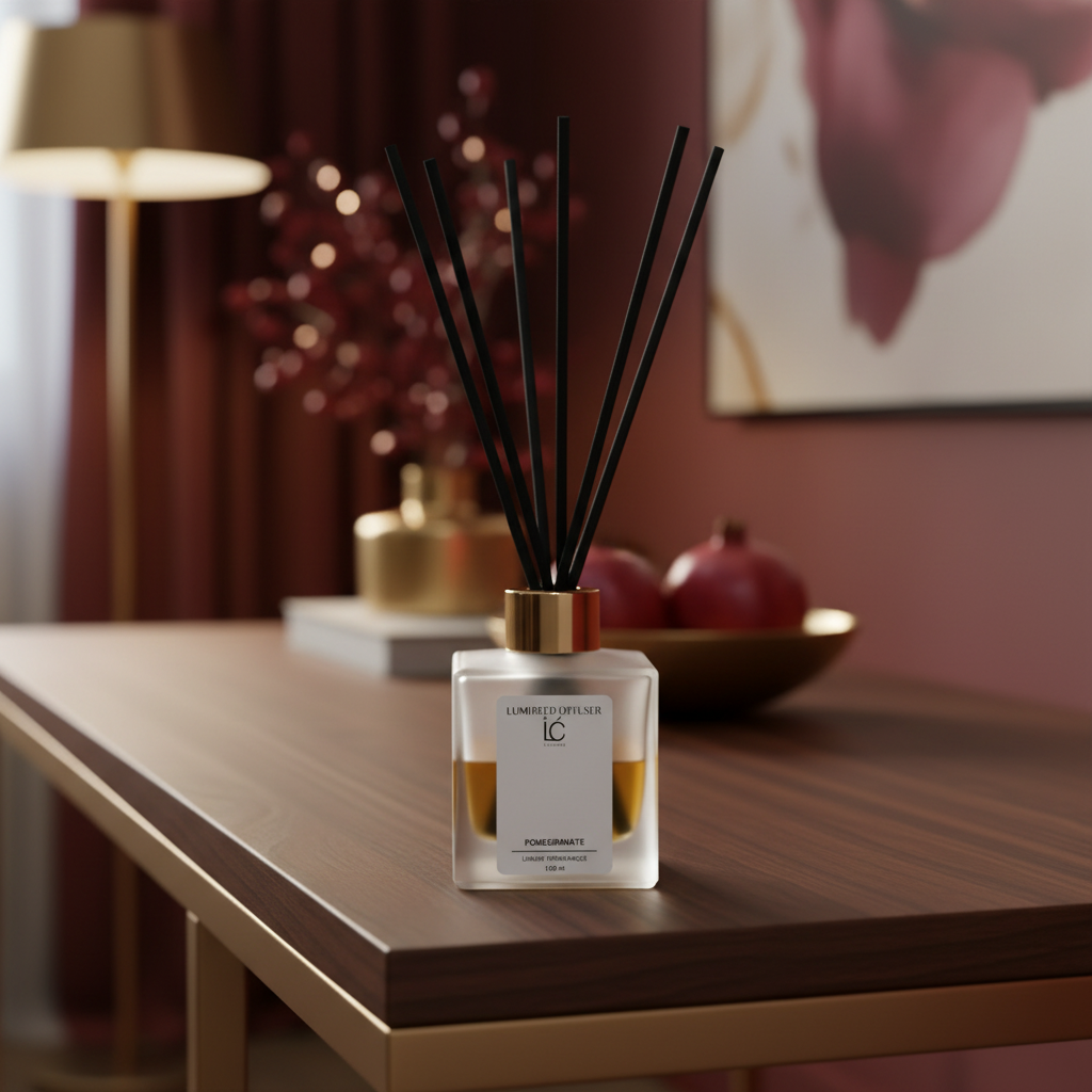 Pomegranate LUMI Reed Diffuser styled in a home lifestyle setting